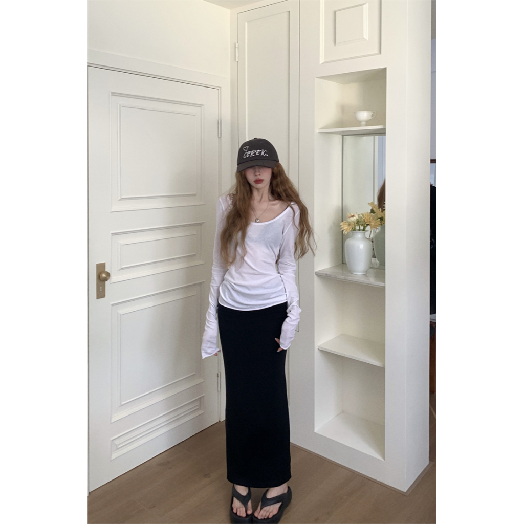 Slim long sleeve t-shirt + hip wrap split half skirt set