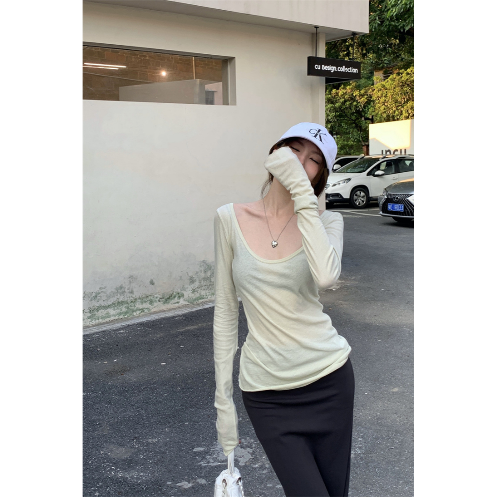 Slim long sleeve t-shirt + hip wrap split half skirt set