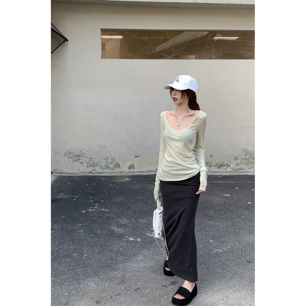 Slim long sleeve t-shirt + hip wrap split half skirt set