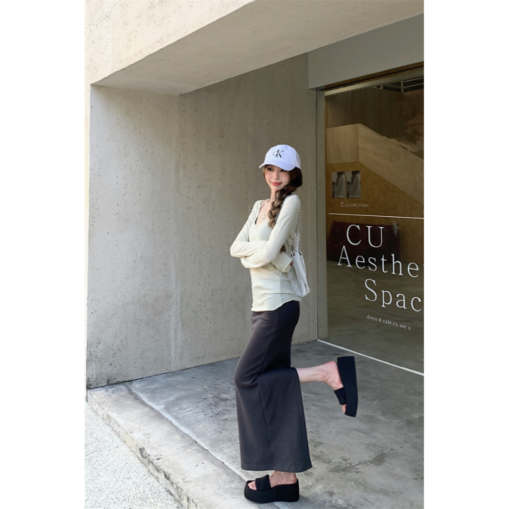 Slim long sleeve t-shirt + hip wrap split half skirt set