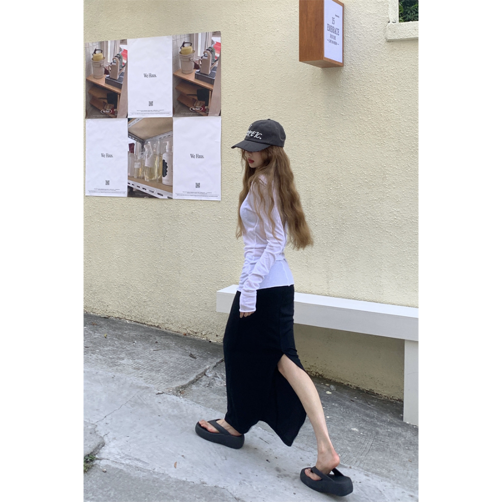 Slim long sleeve t-shirt + hip wrap split half skirt set