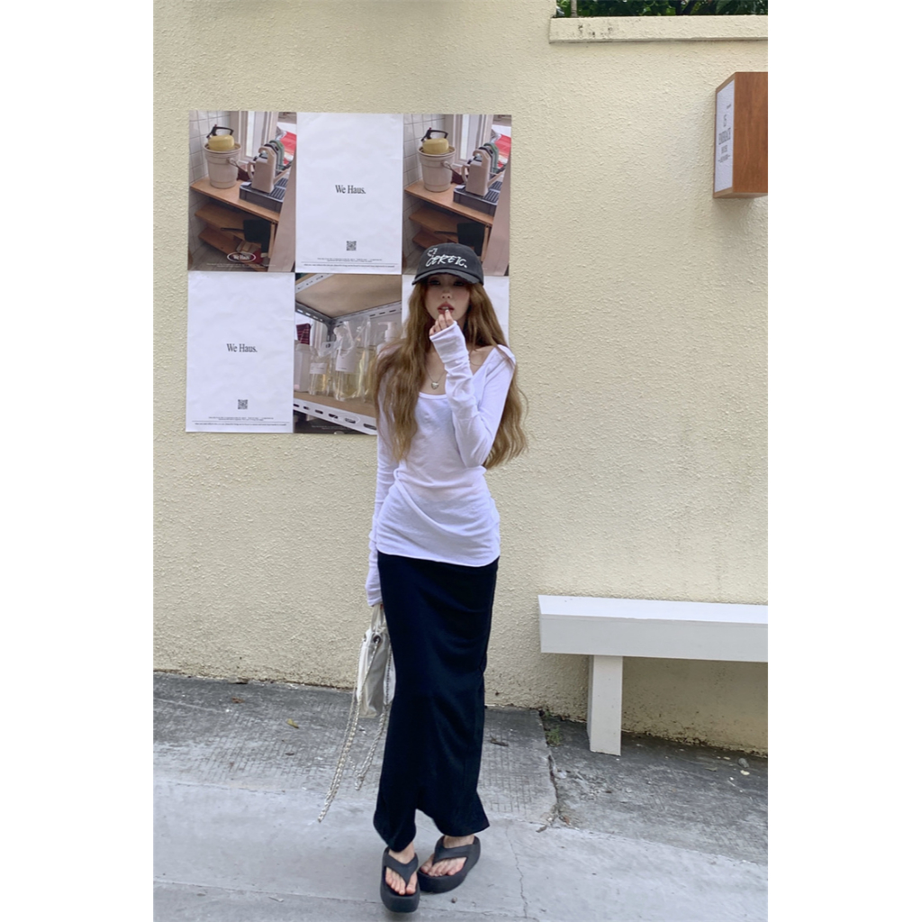 Slim long sleeve t-shirt + hip wrap split half skirt set