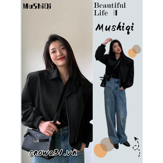 Mushiqi nữ áo khoác unisex mới phù hợp với dây kéo áo khoác rời màu đen cổ điển