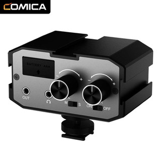 Comica cvm-ax1 microphone audio mixer adapter with real-time monitoring, dual channels 3.5mm port camera mixer for dslr camera