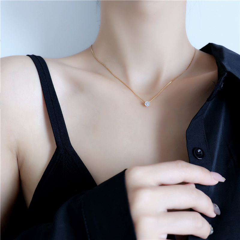 Ht classic six-claw single diamond titanium steel vòng cổ đơn giản ánh sáng sang trọng cao cấp cô gái bằng thép không gỉ chuỗi xương đòn không