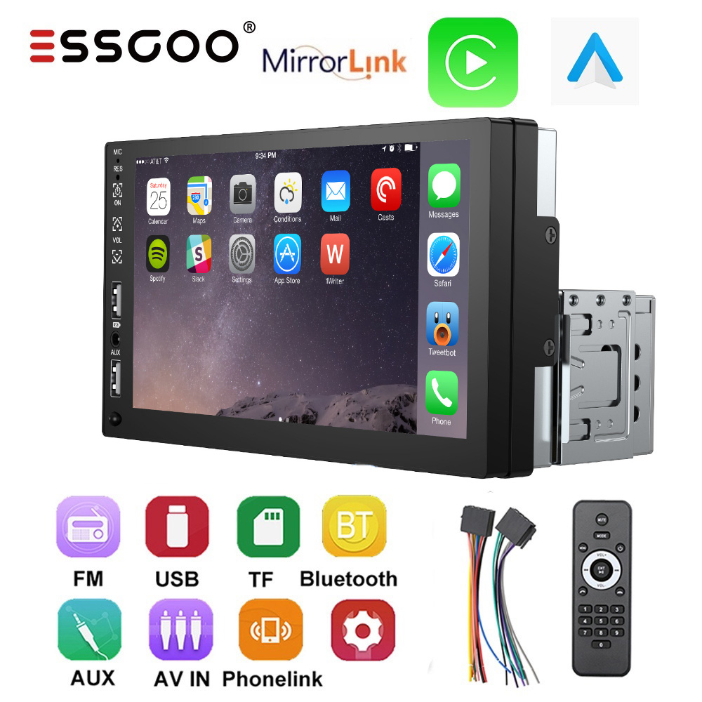 Essgoo car player mp5 car stereo radio carplay android auto7 "màn hình cảm ứng universal car multimedia player with bluetooth fm rear view camera mirror link