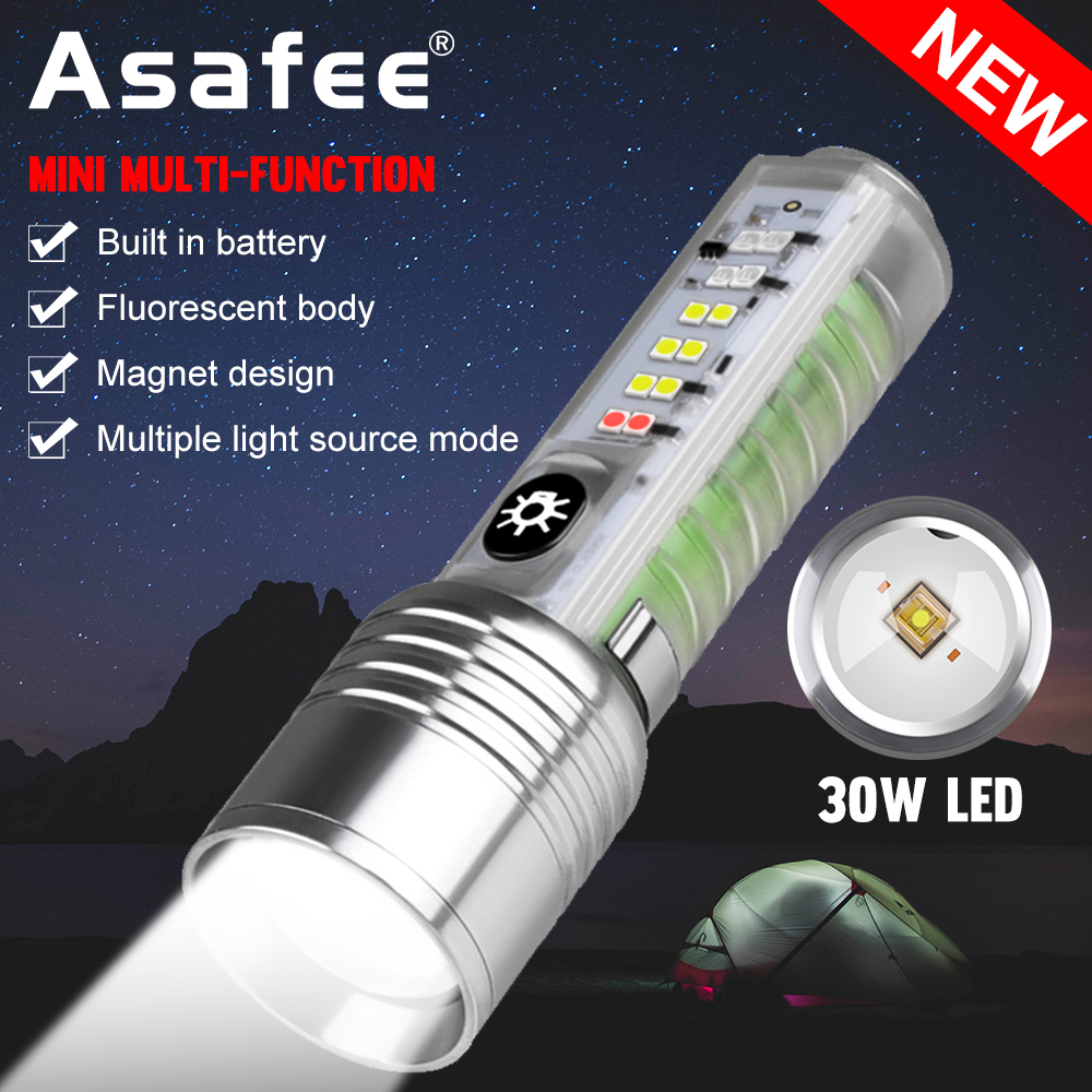 Asafee 500lm s21 30w led + 12led trắng đèn pin di động nhỏ gọn siêu sáng 520a công tắc báo chí zoom có thể thu vào công tắc multi-gear tích hợp pin ipx4 chống nước