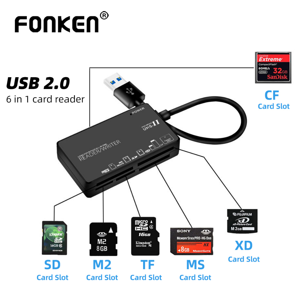 Đầu đọc thẻ nhớ FONKEN USB 2.0 chuyển đổi 6 trong 1 cho TFf/ SD/ CF/ XD/ MS/ M2