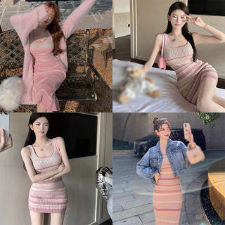 Phụ nữ cổ áo vuông gợi cảm mỏng phù hợp với màu tương phản sọc dệt kim váy không tay
