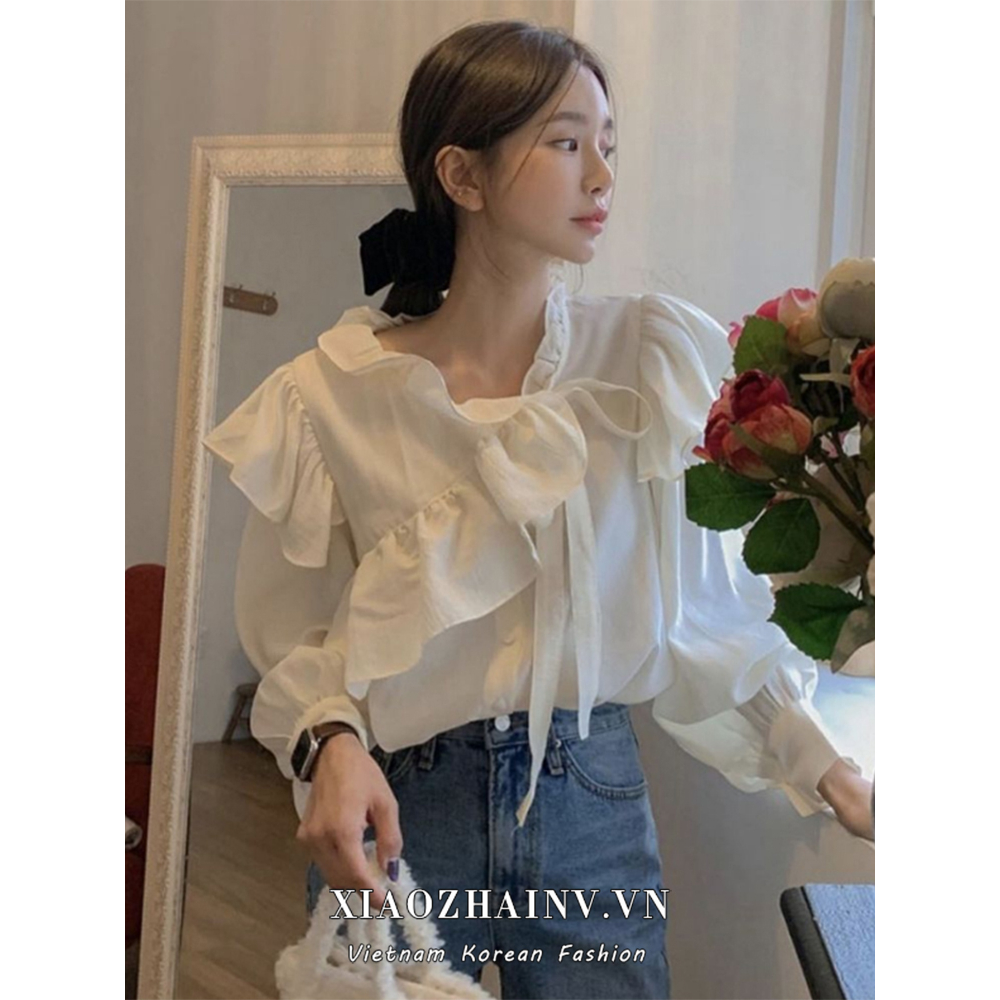 Xiaozhainv Khí chất hàn quốc flounce ren lên áo sơ mi dài tay áo chống nắng mùa hè lỏng lẻo tất cả phù hợp với phụ nữ hàng đầu