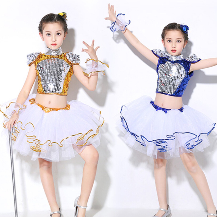 Trẻ em sequins trang phục khiêu vũ đường phố hiện đại cho bé gái bé trai màu xanh vàng mảnh hip-hop trang phục đội học sinh áo + váy / quần short bộ có dây đeo tay