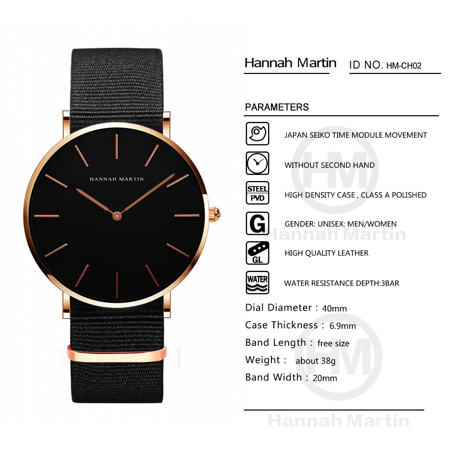 Hannah martin casual watch nam sports quartz đồng hồ đeo tay bằng da không thấm nước đồng hồ đeo tay đồng hồ đeo tay