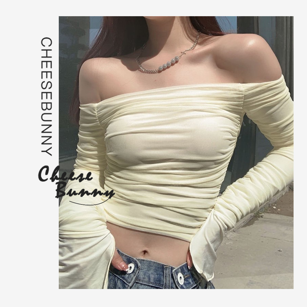 CheeseBunny Áo thun trễ vai tay loe phối lưới quyến rũ thời trang cho nữ