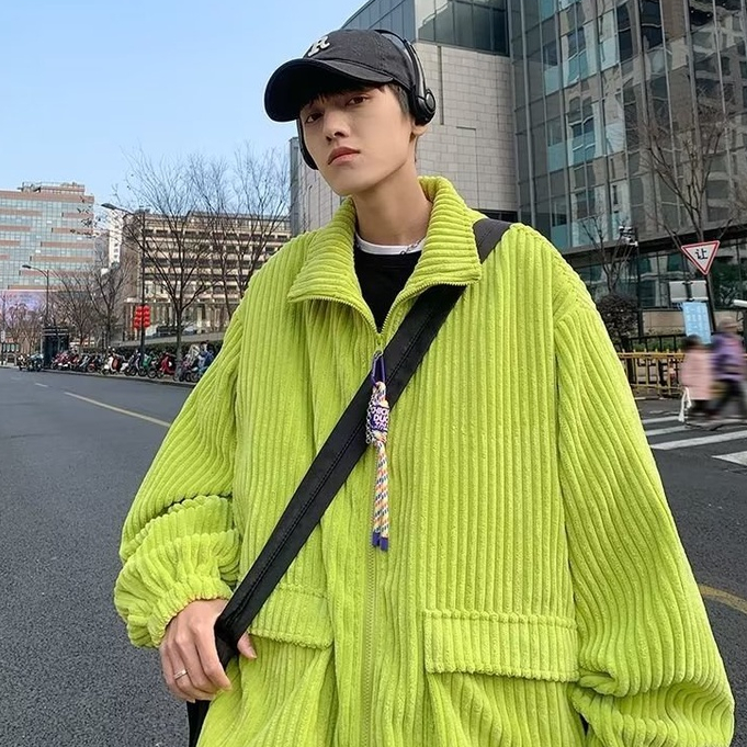 【3 Colors】Áo Khoác Da Pu Cổ Đứng Màu Xanh Lá Huỳnh Quang Phong Cách Mỹ áo Khoác Nam Unisex áo Khoác Cổ đứng Màu Chất Lượng Cao đơn Giản đa Túi ấm Tay áo Dài Thời Trang Cho Nam Tuổi Teen áo Khoác Trơn