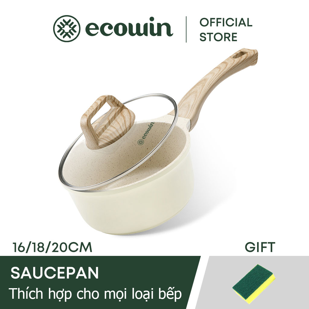 Nồi nấu quấy bột chống dính ECOWIN bằng đá Kích thước tùy chọn 16/18/20cm màu trắng sứ thích hợp cho mọi loại bếp