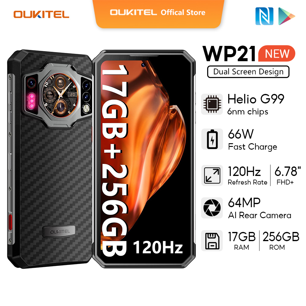 Oukitel wp21 (17gb + 256gb (mở rộng 1tb) rugged night vision handphone / 66w fast charge / android 12 / 9800mah / 64mp camera / 6.78 "fhd + / 120hz) mobilies phone