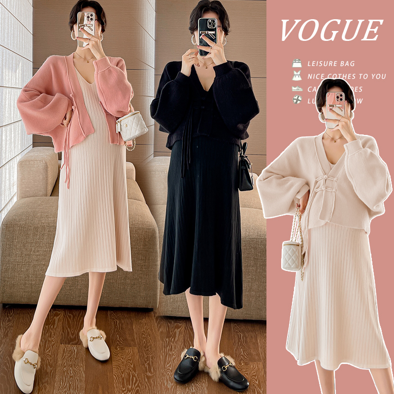 Phiên bản hàn quốc váy bà bầu áo len ngọt ngào cardigan + v-cổ vest váy hai-mảnh đi chơi phù hợp với bà bầu thời trang váy thu đông phong cách bà bầu một