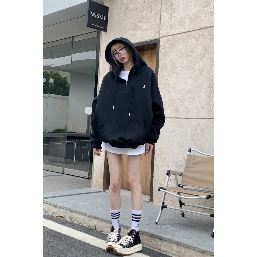 Retro plush gray zippered hooded long sleeved sweater for women