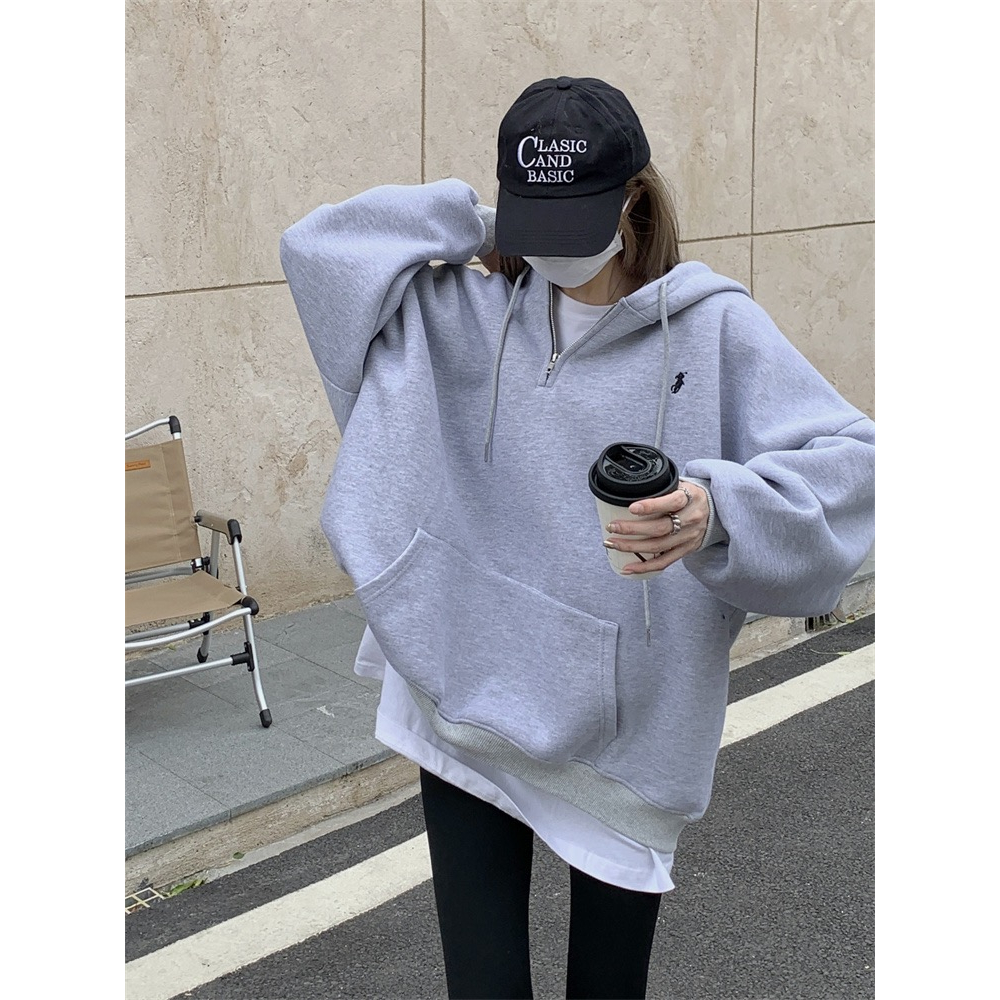 Retro plush gray zippered hooded long sleeved sweater for women