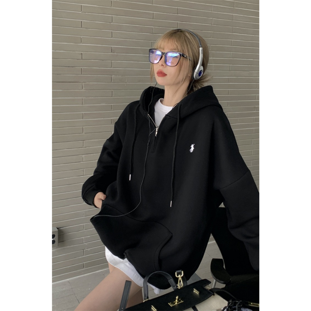 Retro plush gray zippered hooded long sleeved sweater for women