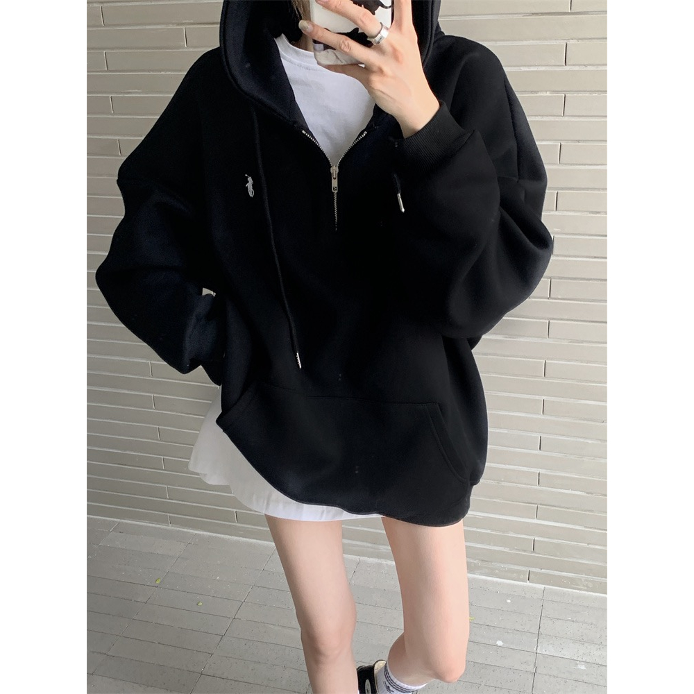 Retro plush gray zippered hooded long sleeved sweater for women