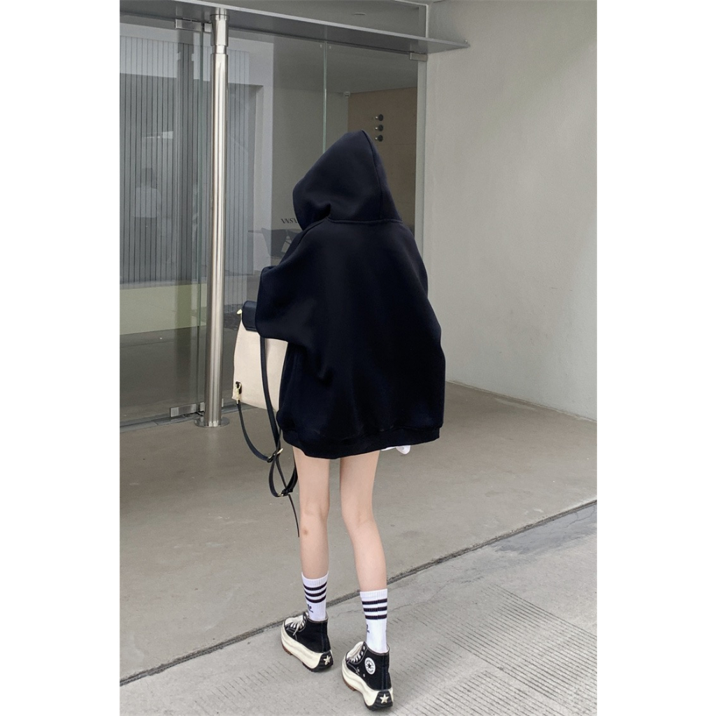 Retro plush gray zippered hooded long sleeved sweater for women