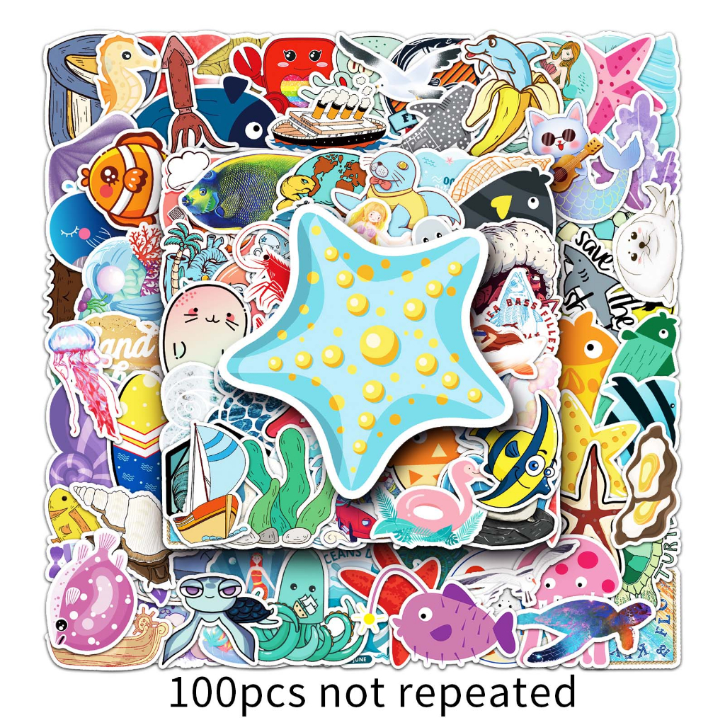 Set 100 / 100 Sticker Dán Trang Trí Hình Động Vật Biển / Vỏ Sò ❉ Miếng Dán Đề Can diy Chống Thấm Nước Hình doodle Cho Điện Thoại / Laptop / Cốc Nước / guitar / Mũ Bảo Hiểm / Chai Nước / Hành Lý