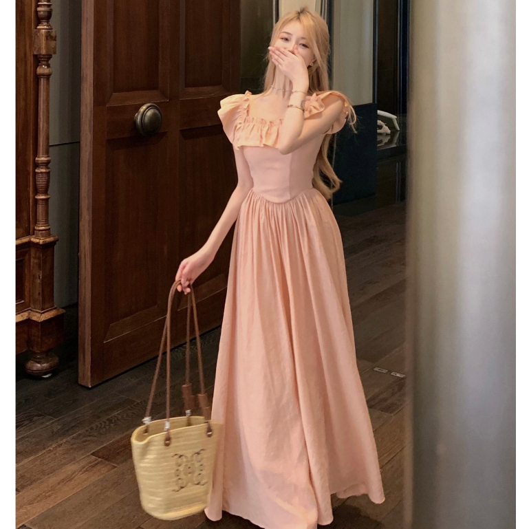 Phiên bản hàn quốc khí chất sexy sling váy dài của phụ nữ slim-fit narrow-waisted mid-length solid color round