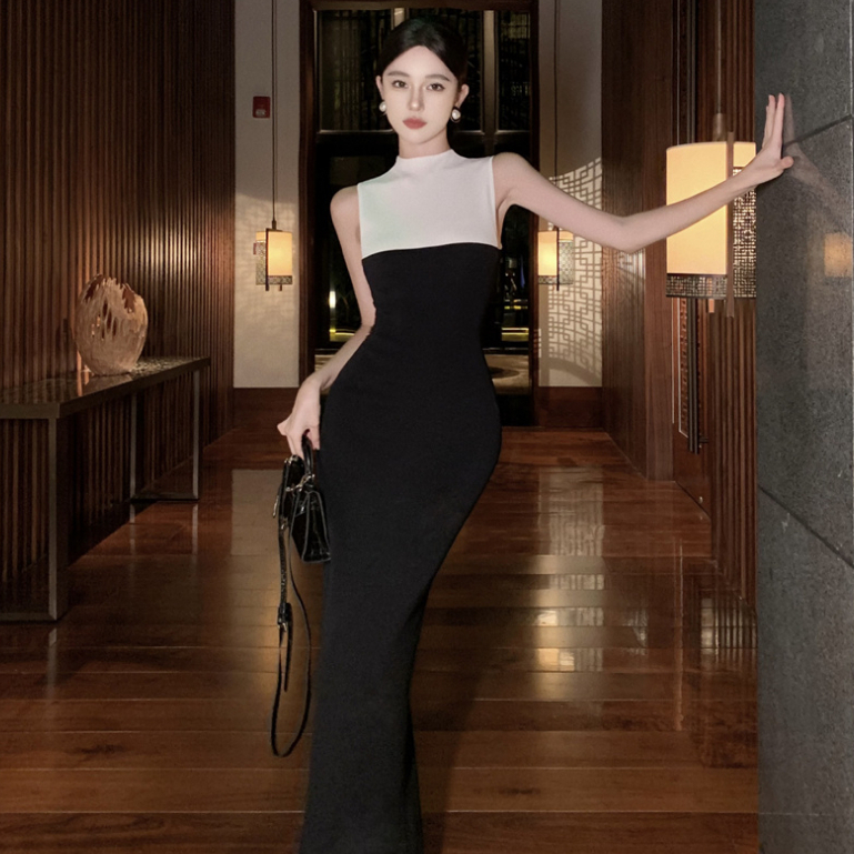 Phiên bản hàn quốc tính khí sexy skinny dài váy của phụ nữ mỏng-vừa vặn căng tương phản khâu hẹp-eo
