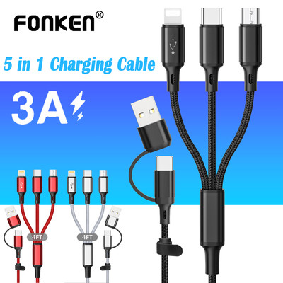 Dây Cáp Sạc Nhanh FONKEN 5 Trong 1 3A USB A / C Sang Điện Thoại Type-C / Micro USB /iOS Cho i-Phone Samsung 1.2M