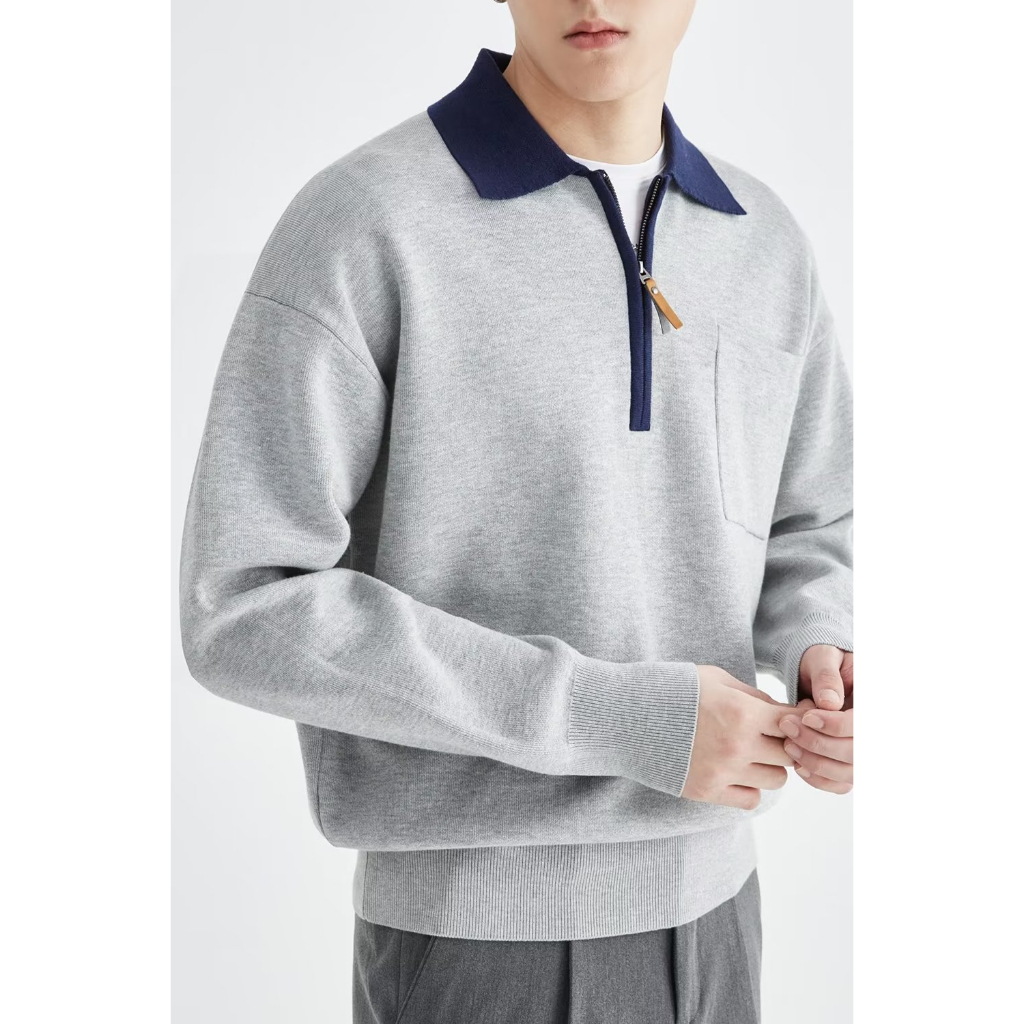 Áo len nam hanlu màu tương phản áo thun polo dệt kim nửa mở ve áo dài tay phong cách nấu chín nhẹ chất lượng cao trên cùng