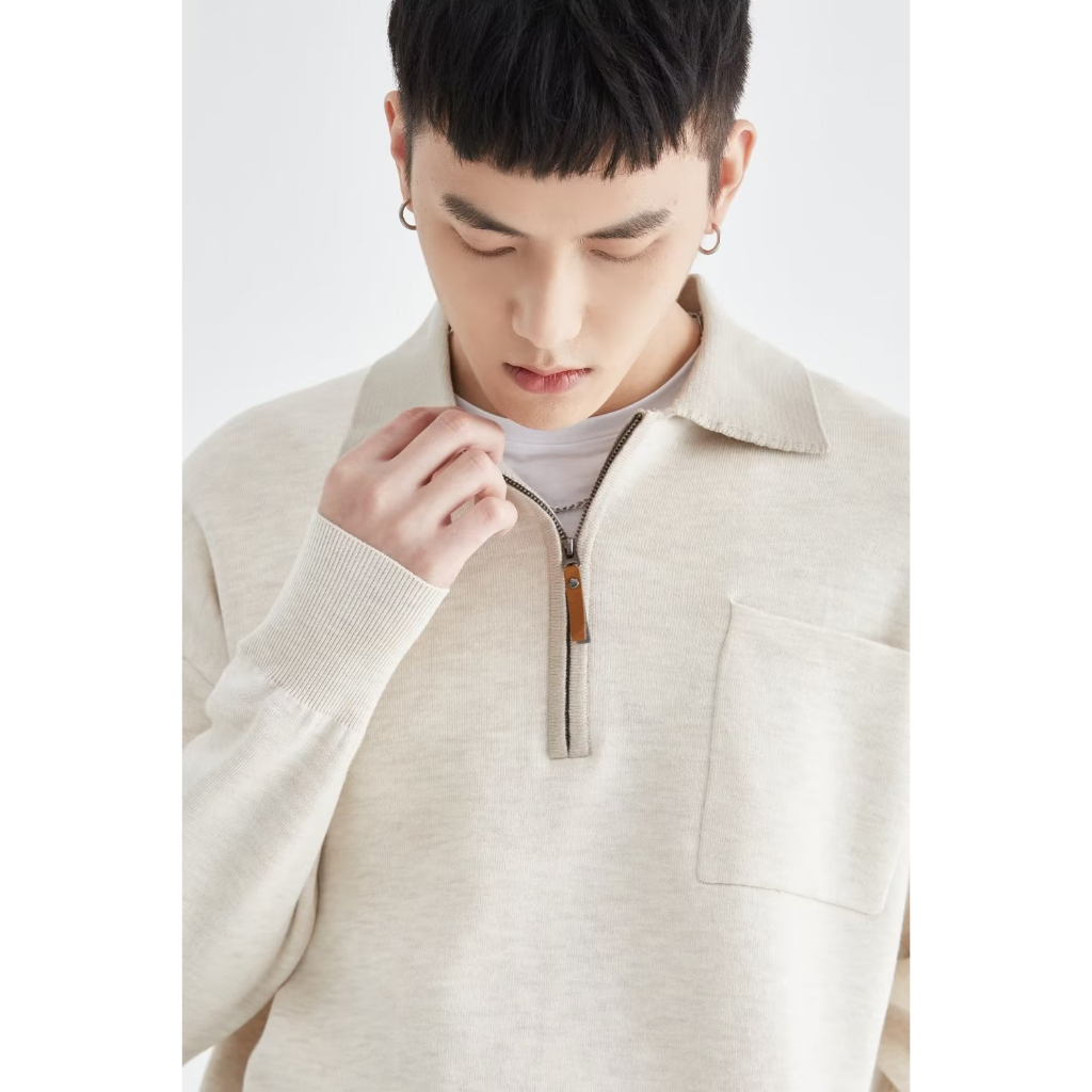 Áo len nam hanlu màu tương phản áo thun polo dệt kim nửa mở ve áo dài tay phong cách nấu chín nhẹ chất lượng cao trên cùng