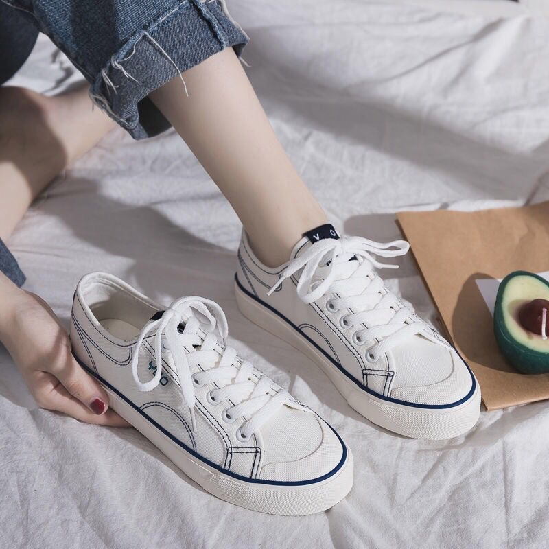 Giày vải của phụ nữ giày thể thao thông thường sinh viên giày thường non-slip thoải mái giày vải hàn quốc giày ban thường giày phong cách nhỏ màu trắng giày vải ren-up phong cách ins