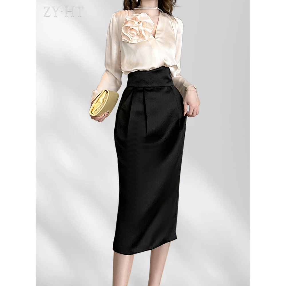 ZYHT Set Áo Sơ Mi Tay Dài + Chân Váy Dài Lưng Cao Dáng Ôm Màu Đen Thời Trang Cho Nữ 6230 6025