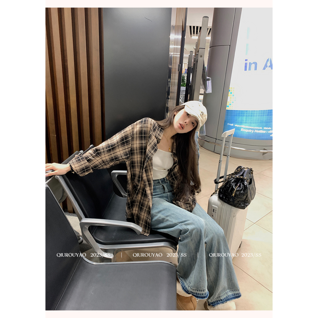 Áo sơ mi XIAOZHAINV dài tay họa tiết kẻ sọc phong cách Hàn Quốc chống nắng thời trang mùa thu dành cho nữ