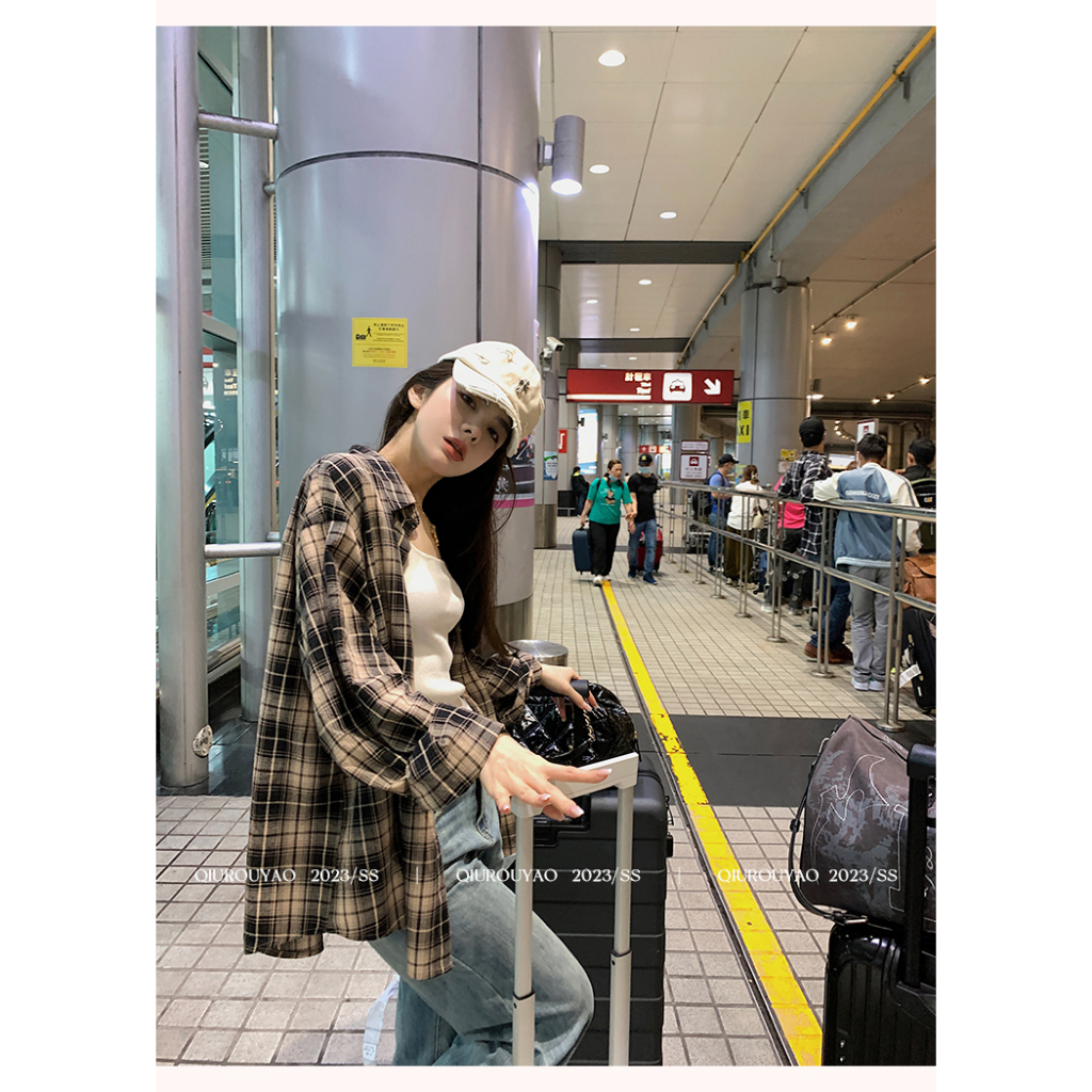 Áo sơ mi XIAOZHAINV dài tay họa tiết kẻ sọc phong cách Hàn Quốc chống nắng thời trang mùa thu dành cho nữ