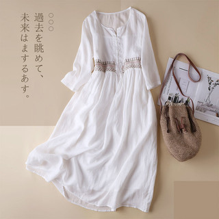 Spring 2023 váy thêu phong cách dân tộc cotton tinh khiết với phong cách nghệ thuật cổ tròn 9/4 tay áo váy cotton dài trung bình cho trẻ em (có kích thước lớn)
