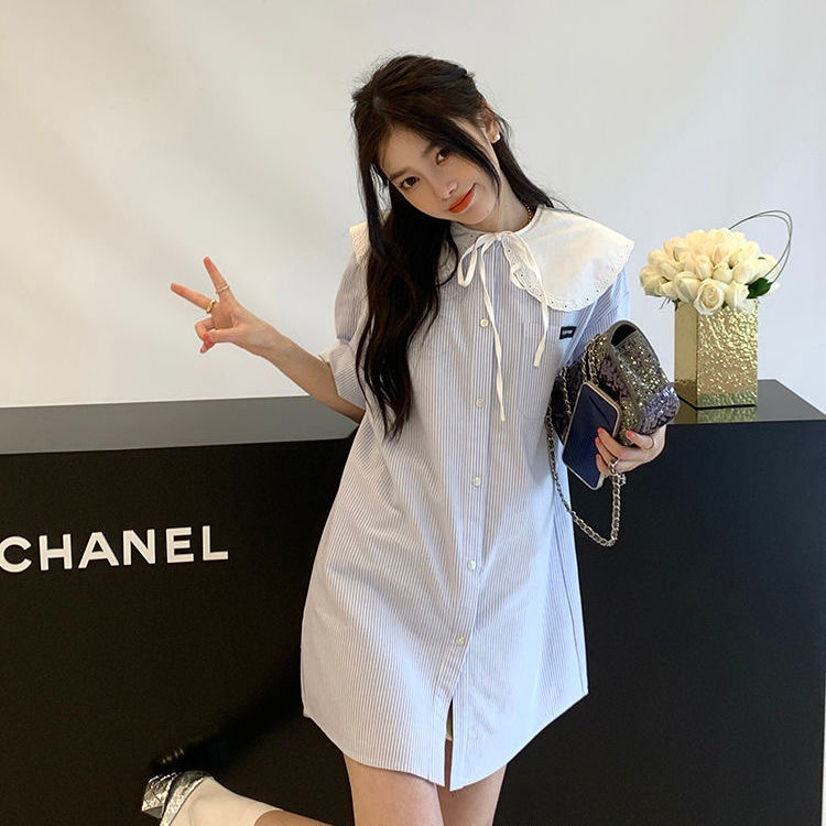 Đầm Sơ Mi Cổ Búp Bê Họa Tiết Kẻ Sọc Thiết Kế Mới Thời Trang Mùa Hè Dành Cho Nữ