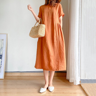 Phong cách đơn giản và nghệ thuật, váy cotton tinh khiết rộng rãi và giảm béo, váy dài trung bình mm mũm mĩm quá khổ mới của phụ nữ mùa hè 2020 (có size lớn)