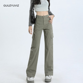 Căng thẳng baggy multi-pockets jeans woman loose high waist denim cargo pants green kaki y2k high street style