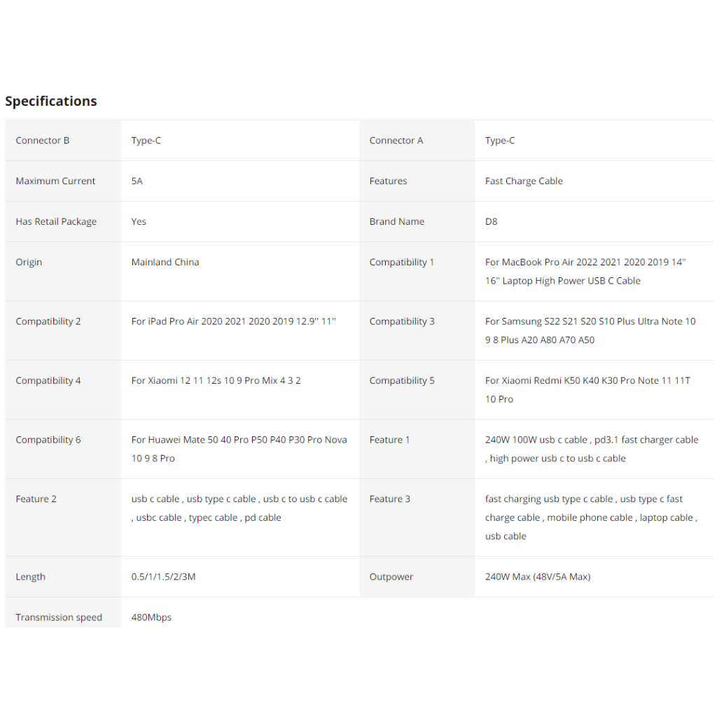 Cáp sạc nhanh 240w công suất cao type-c nam sang nam usb-c điện thoại máy tính xách tay pd sạc nhanh 5a