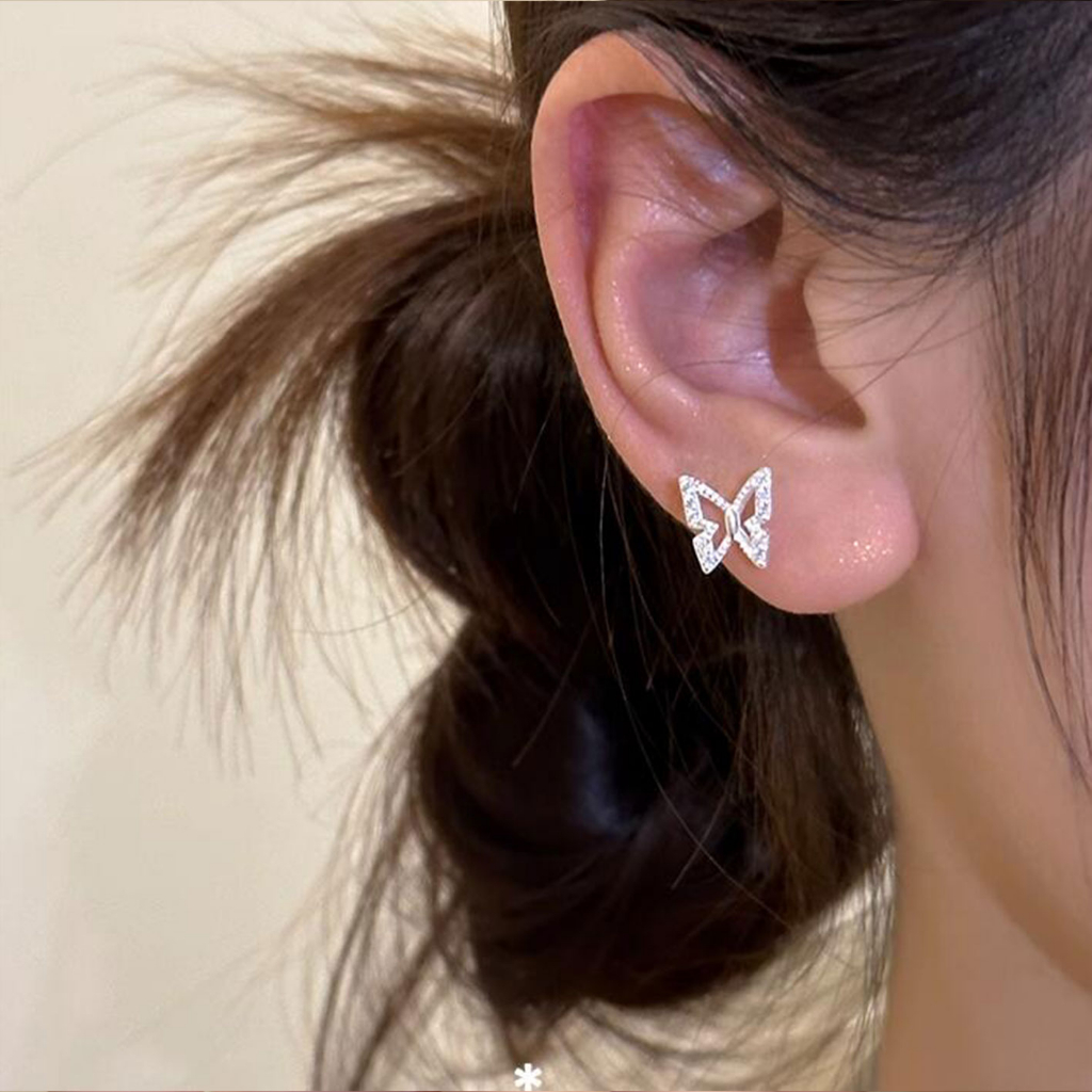 Hoa tai bướm rỗng tinh tế nữ sterling silver zircon earrings 2023 phong cách mới hoa tai bạc phong cách nóng bỏng mùa hè