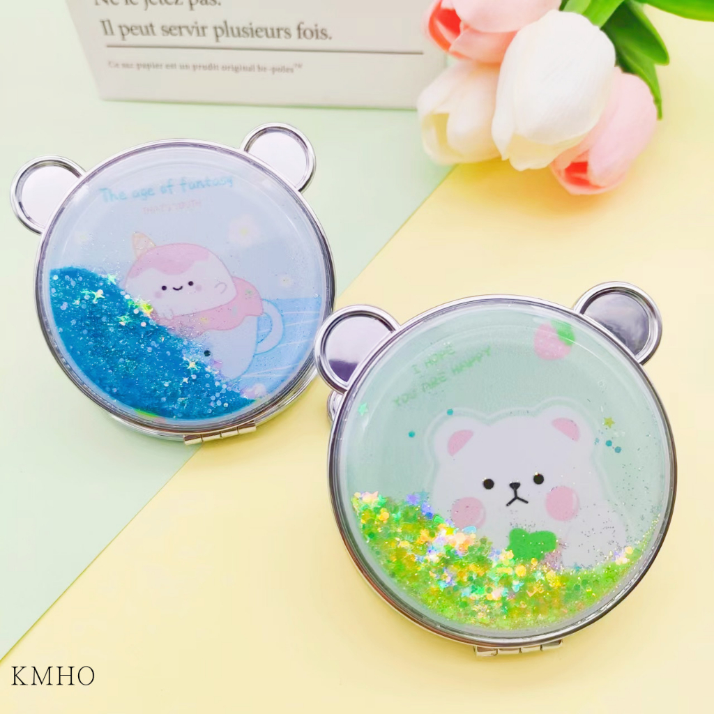 KMHO Gương Trang Điểm mini Cầm Tay Độ Nét Cao Hình Tròn Nhỏ Dễ Mang Theo Kiểu Hoạt Hình Dễ Thương Có Cát Chảy Cho Bạn Gái