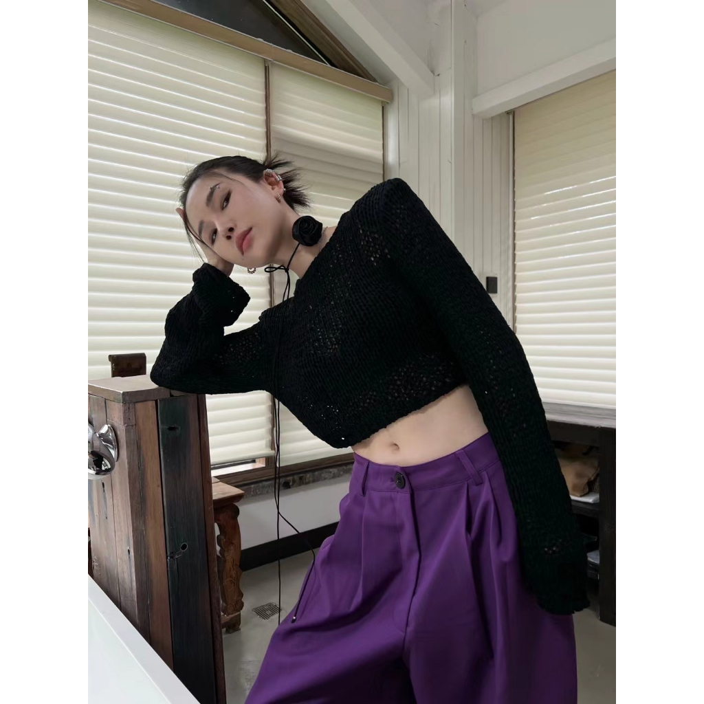 Cocory vn Áo len dệt kim dài tay hàn quốc mùa thu mỏng có đệm vai phù hợp với y2k croptop nữ