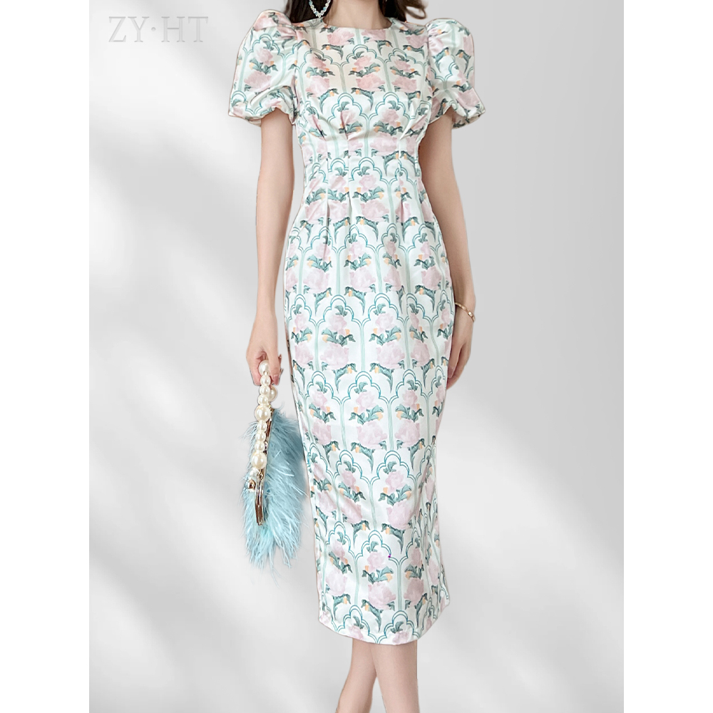 ZYHT Đầm Tay Phồng Cổ Tròn Chiết Eo Thời Trang Mùa Hè Phong Cách Mới Tinh Tế Cho Nữ 10427
