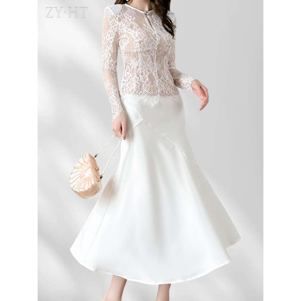 ZYHT Áo Sơ Mi Cổ Tròn Ôm Dáng Phối Ren Rỗng + Chân Váy Phong Cách Pháp Thiết Kế Mới 20333 / 4