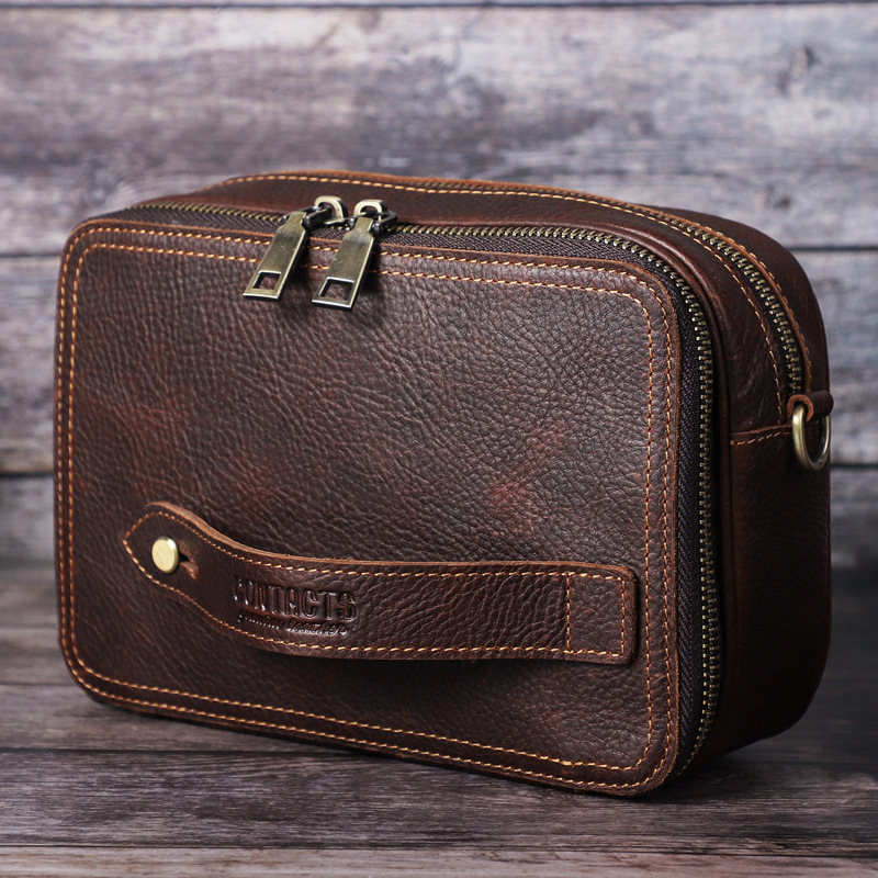 Túi đeo chéo nam da bò crazy horse túi đeo chéo nam thời trang âu mỹ túi ly hợp nam dây kéo đôi