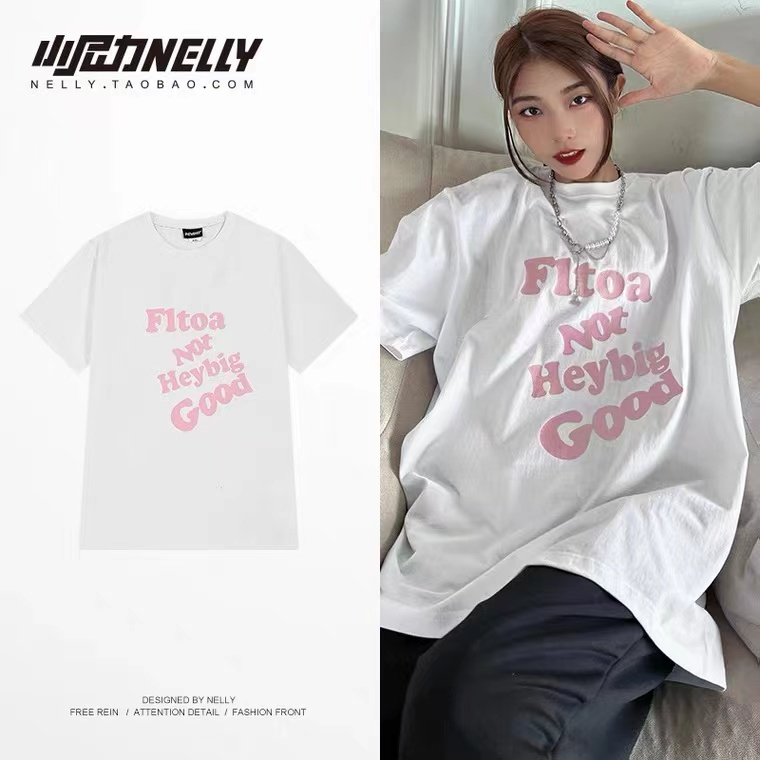 NELLY Áo Thun Cotton Ngắn Tay Dáng Rộng Thời Trang Unisex Cho Nam Và Nữ 9744