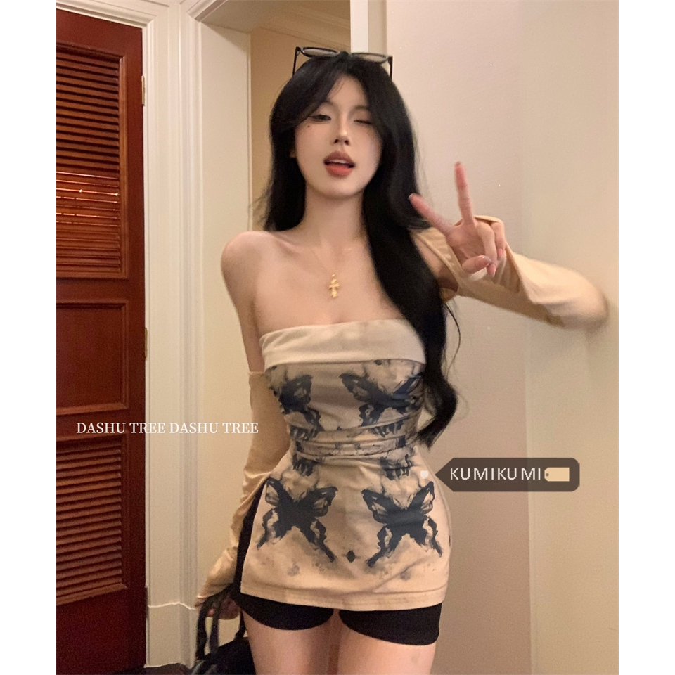Set áo hai mảnh KUMIKUMI gồm áo ống croptop in màu nước hình bướm và áo cardigan chống nắng cho nữ