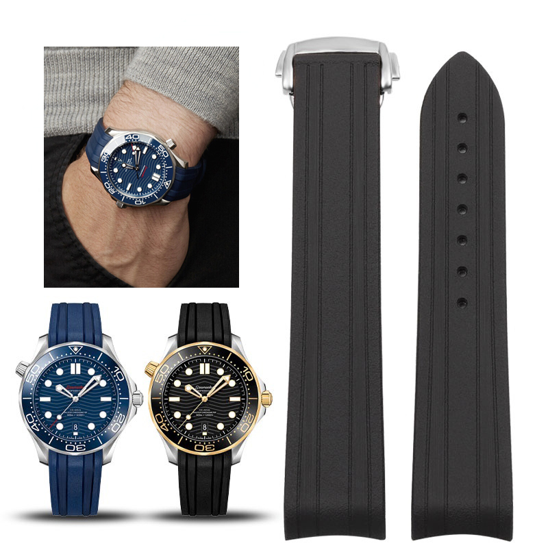 Dây Đeo Thay Thế Bằng Cao Su Silicon Mềm Cong 20mm Chống Nước Có Khóa Gập Cho Omega Seamaster 300 Speedmaster 007 Series